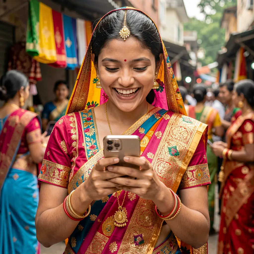 Smiling Bangladeshi woman in colorful traditional attire enjoying mobile casino games on the 6NNN app in a cozy indoor setting
