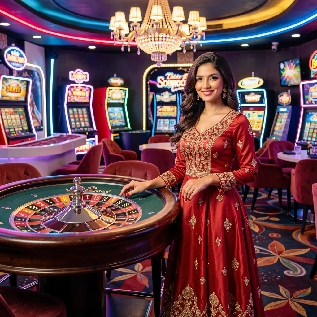 6NNN Casino – Experience high class live casino entertainment in Bangladesh Stylish casino hostess in a red evening dress near a modern roulette table with bright casino lights showcasing the premium gaming environment of 6NNN Casino for players in Bangladesh