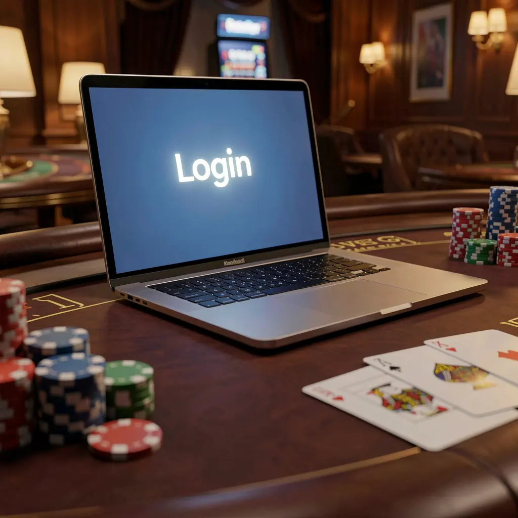 Stylish online casino login interface on a laptop with stacked chips and cards highlighting secure access to 6NNN in Bangladesh